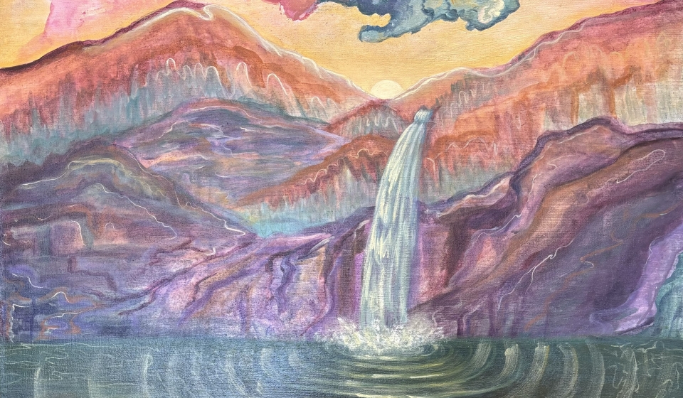Sam Poplewko The Serenity Waterfall, acrylic on canvas, 2024, 3’ x 4’